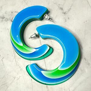Vintage Lea Stein Earrings Layered Lucite Blue Green Hoops Mod Pop Paris 2"